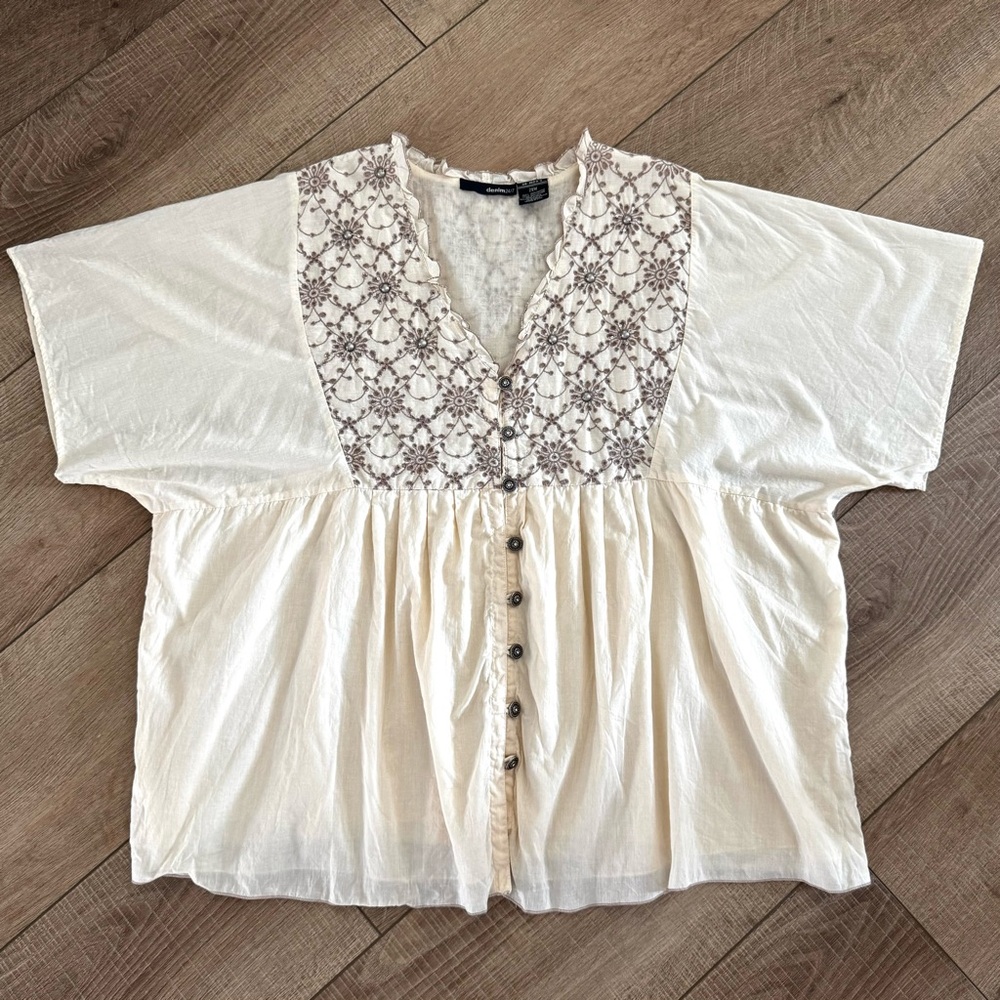 Boho Babydoll‎ Embroidered Short Sleeve V Neck Top Women's Plus Size 28 Cream